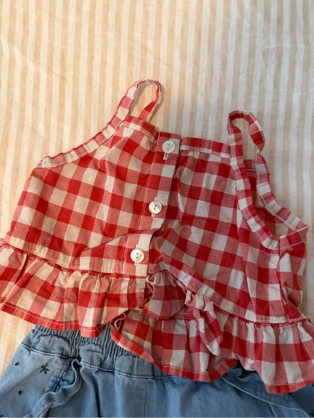 Girls Red Gingham Tank Top & Blue Chambray Ruffle Shorts Matching Set